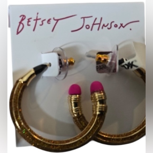 BETSEY JOHNSON Small Back to School Glittery Gold Pencil Hoop Earrings NEW NWT - Picture 2 of 6